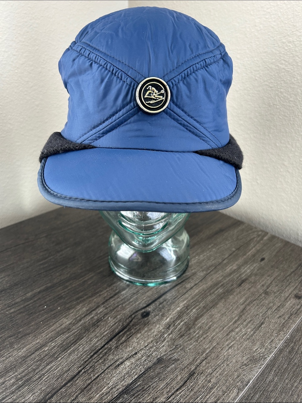 Vintage Blue Quilted Nylon Ski Cap with Knit Ear Flaps